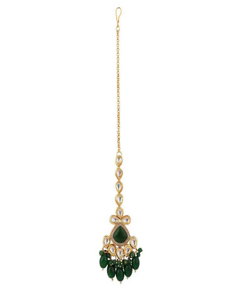Emerald Green Gold-Plated Kundan & Pearl Maang Tikka