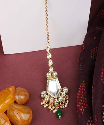 Gold-Plated White & Green Stone Studded & Beaded Maang Tikka 1