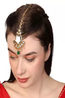Gold-Plated White & Green Stone Studded & Beaded Maang Tikka