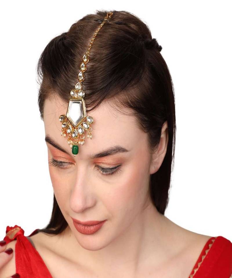 Gold-Plated White & Green Stone Studded & Beaded Maang Tikka