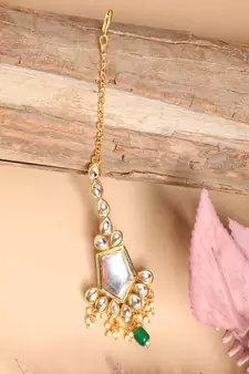 Gold-Plated White & Green Stone Studded & Beaded Maang Tikka