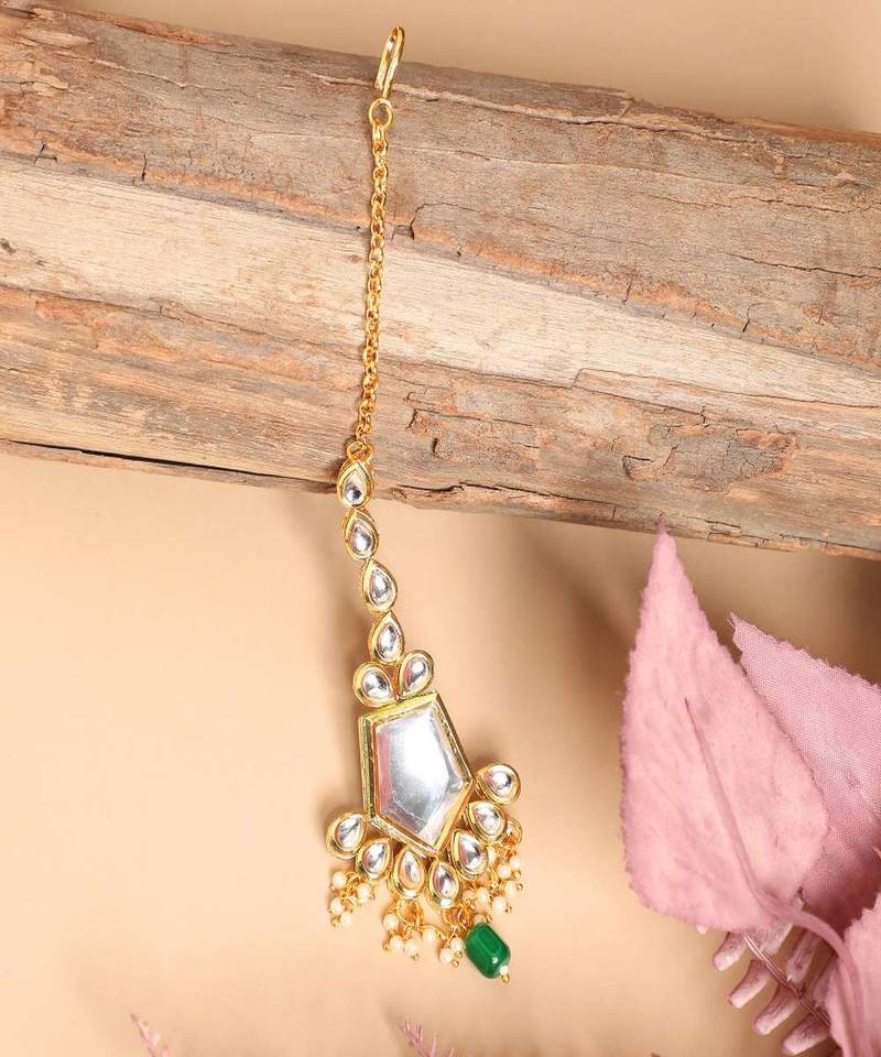 Gold-Plated White & Green Stone Studded & Beaded Maang Tikka