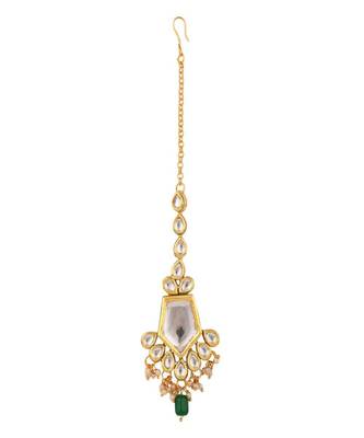Gold-Plated White & Green Stone Studded & Beaded Maang Tikka 4