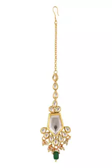 Gold-Plated White & Green Stone Studded & Beaded Maang Tikka