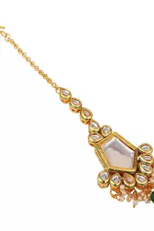 Gold-Plated White & Green Stone Studded & Beaded Maang Tikka