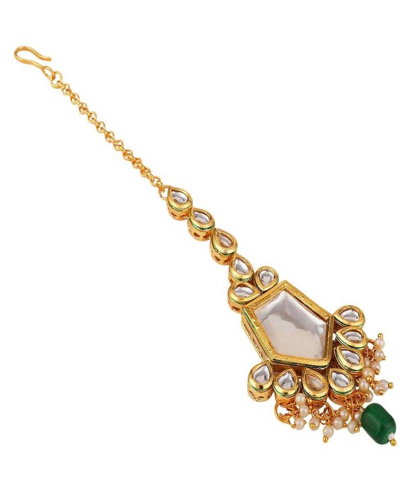 Gold-Plated White & Green Stone Studded & Beaded Maang Tikka
