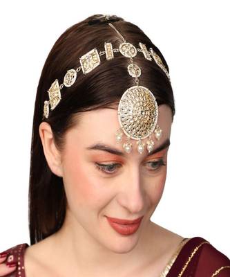 Gold-Plated White Kundan & Pearls Handcrafted Mathapatti Bridal Head Jewellery 1