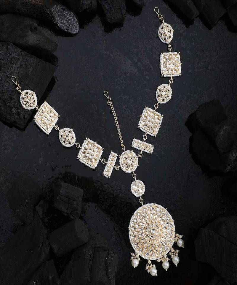 Gold-Plated White Kundan & Pearls Handcrafted Mathapatti Bridal Head Jewellery