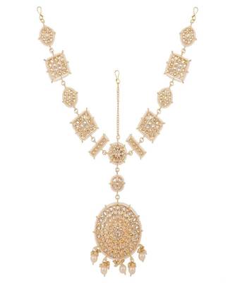 Gold-Plated White Kundan & Pearls Handcrafted Mathapatti Bridal Head Jewellery 3