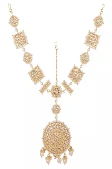 Gold-Plated White Kundan & Pearls Handcrafted Mathapatti Bridal Head Jewellery