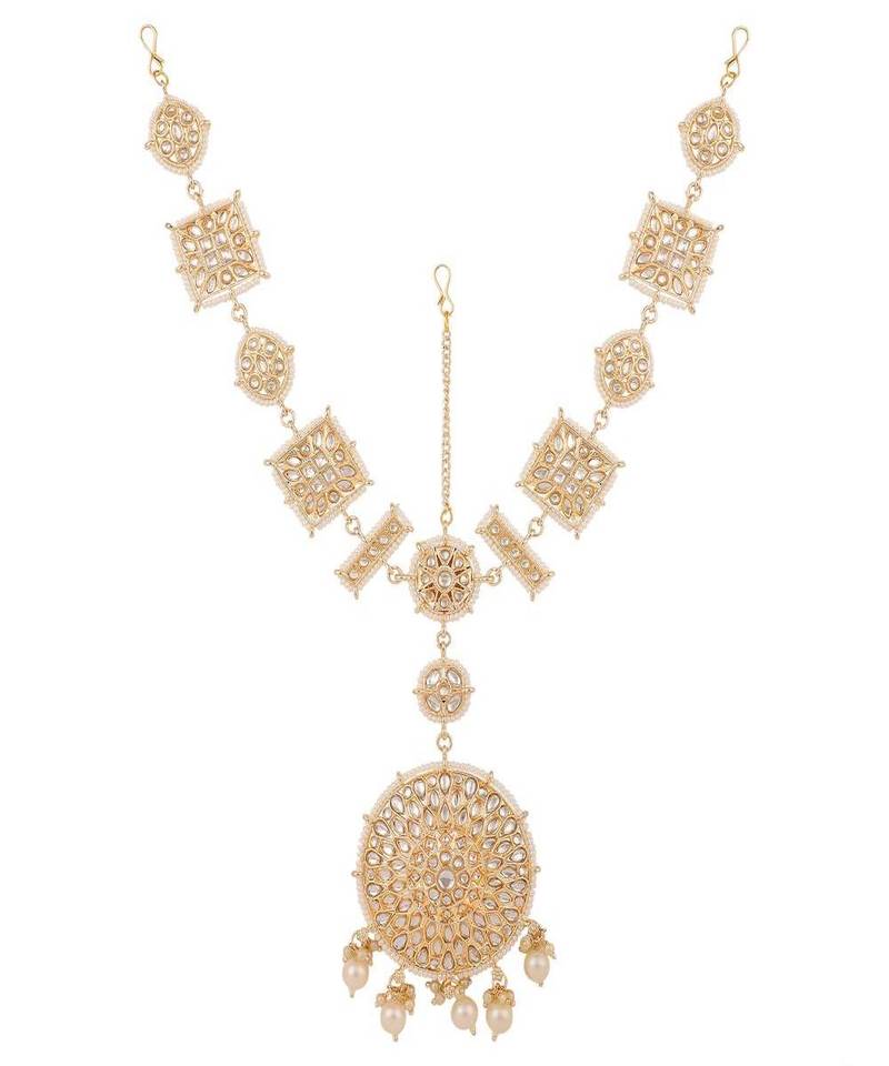 Gold-Plated White Kundan & Pearls Handcrafted Mathapatti Bridal Head Jewellery