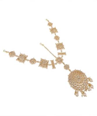Gold-Plated White Kundan & Pearls Handcrafted Mathapatti Bridal Head Jewellery 4