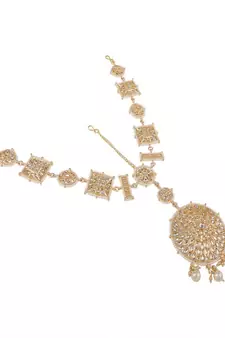 Gold-Plated White Kundan & Pearls Handcrafted Mathapatti Bridal Head Jewellery