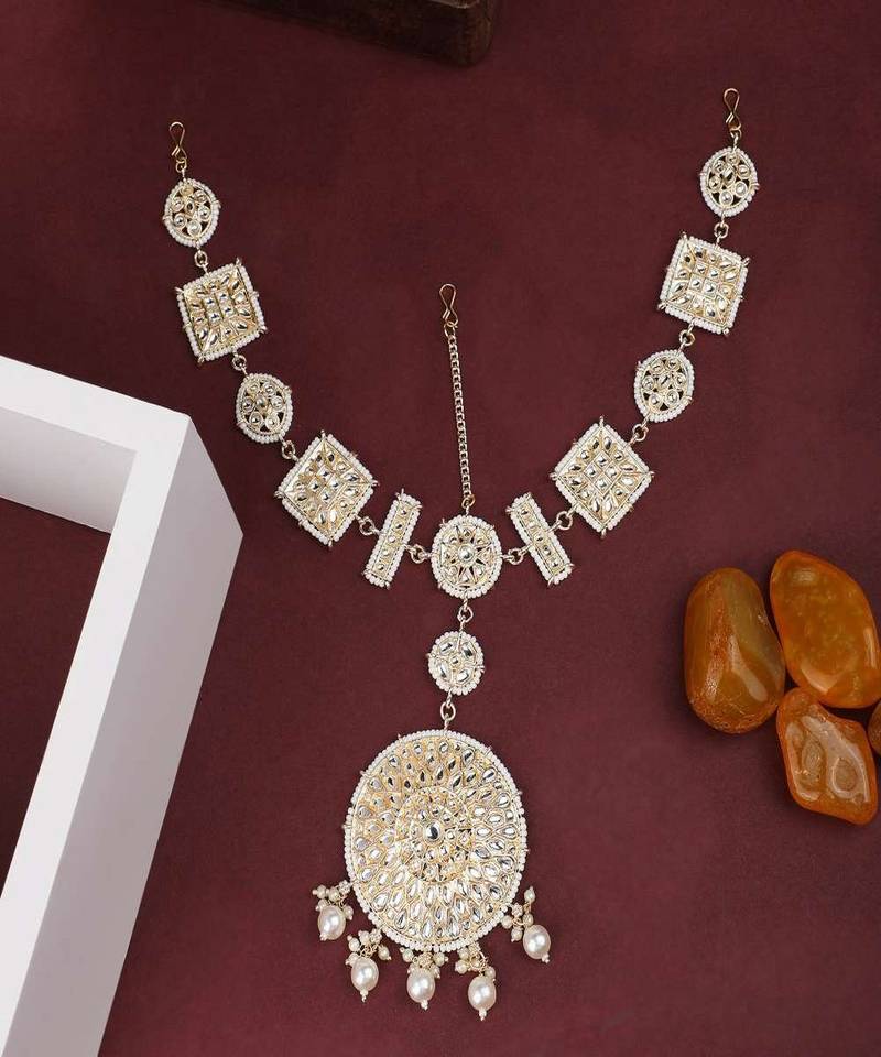 Gold-Plated White Kundan & Pearls Handcrafted Mathapatti Bridal Head Jewellery