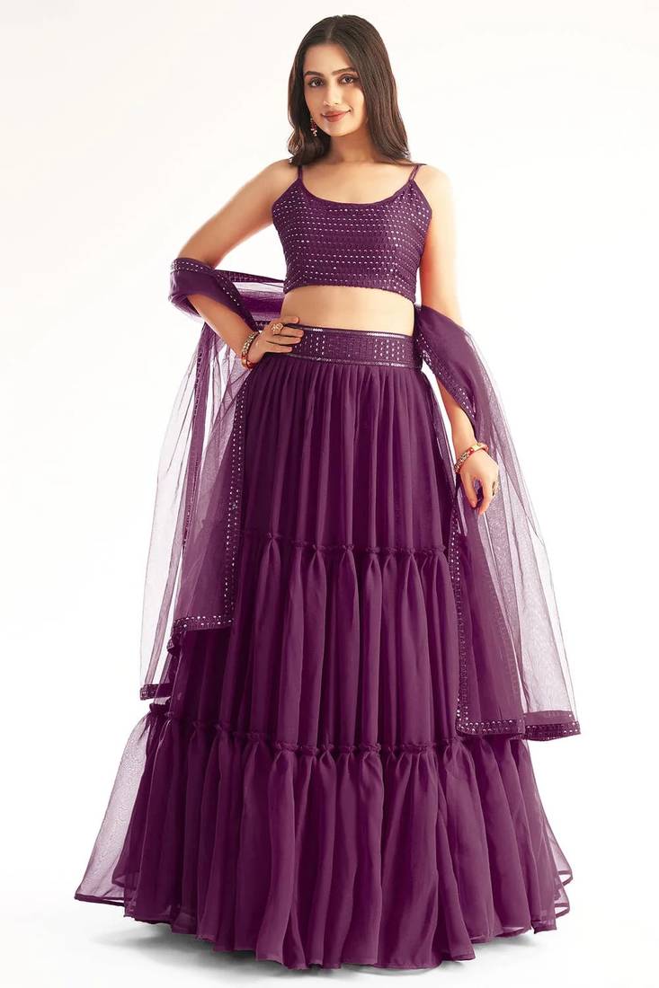Purple embroidered georgette semi stitched lehenga