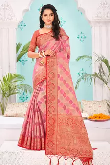 Pink Woven Organza Saree With Blouse