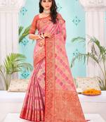 Pink Woven Organza Saree With Blouse