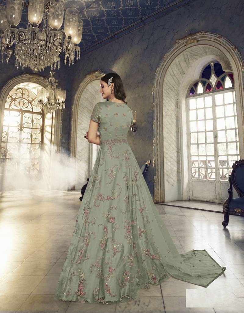 Green Pant style Salwar Suit Butterfly Net main image 1