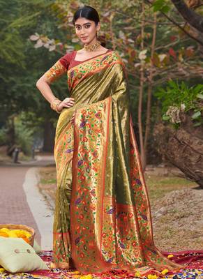Mehendi Woven Paithani Silk Blend Saree With Blouse 1