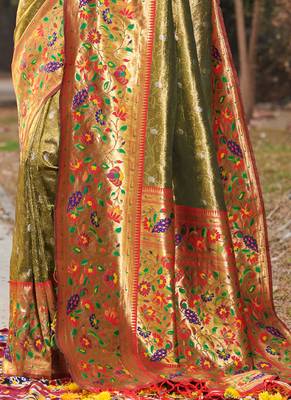 Mehendi Woven Paithani Silk Blend Saree With Blouse 3