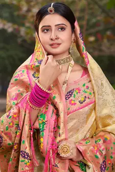 Cream Woven Paithani Silk Blend Saree With Blouse