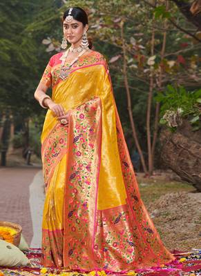 Yellow Woven Paithani Silk Blend Saree With Blouse 1
