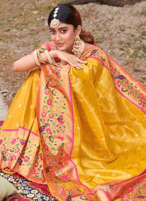 Yellow Woven Paithani Silk Blend Saree With Blouse 2