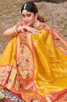 Yellow Woven Paithani Silk Blend Saree With Blouse