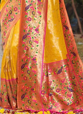 Yellow Woven Paithani Silk Blend Saree With Blouse 3