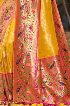 Yellow Woven Paithani Silk Blend Saree With Blouse