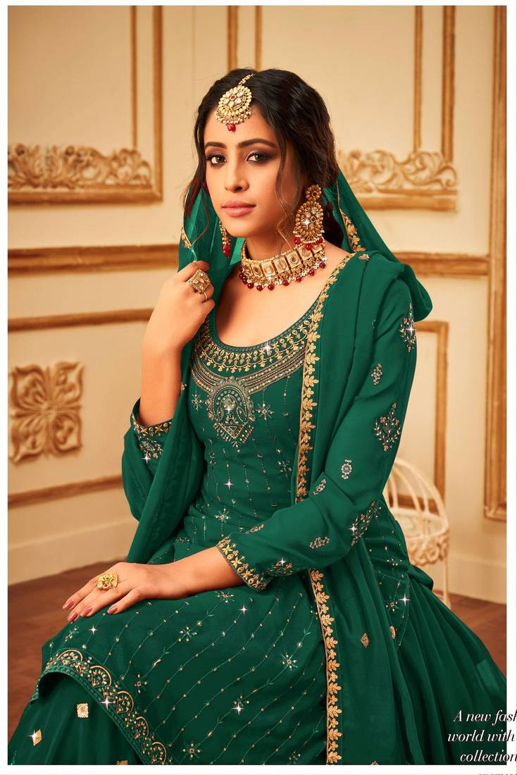 Green Heavy Designer Sequance Embroidery Work Faux Georgette unstitched Long Length Kameez sharara silk salwar suit - Panjari Store - 4050531 Green Heavy Designer Sequance Embroidery Work Faux Georgette unstitched Long Length Kameez sharara silk salwar suit - Panjari Store - 4050531
