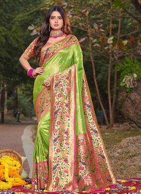 Parrot Green Woven Paithani Silk Blend Saree With Blouse 1