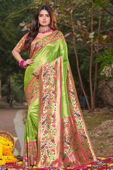 Parrot Green Woven Paithani Silk Blend Saree With Blouse