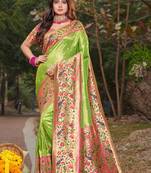 Parrot Green Woven Paithani Silk Blend Saree With Blouse