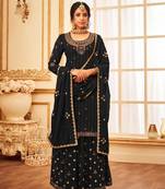 Black Heavy Designer Sequance Embroidery Work Faux Georgette unstitched Long Length Kameez sharara silk salwar suit