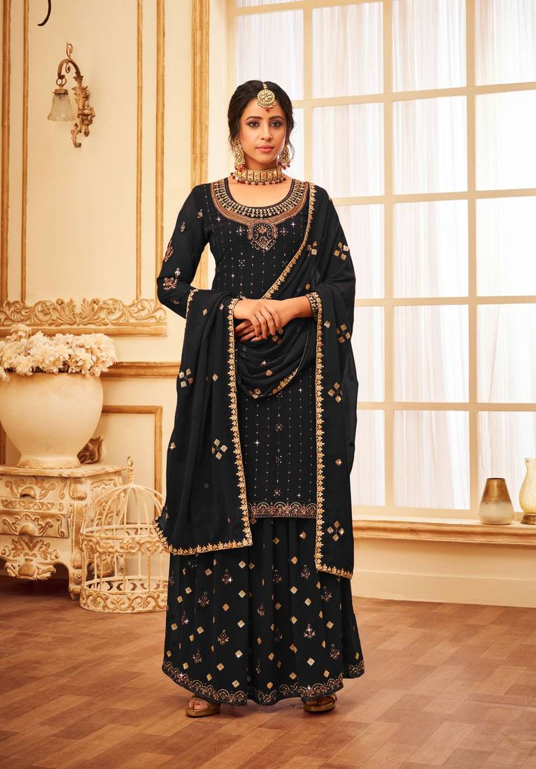Black Heavy Designer Sequance Embroidery Work Faux Georgette unstitched Long Length Kameez sharara silk salwar suit