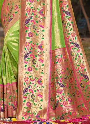 Parrot Green Woven Paithani Silk Blend Saree With Blouse 3