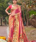 Pink Woven Paithani Silk Blend Saree With Blouse