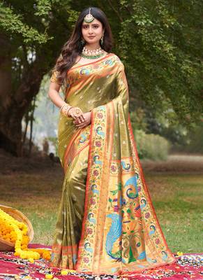Mehendi Woven Paithani Silk Blend Saree With Blouse 1