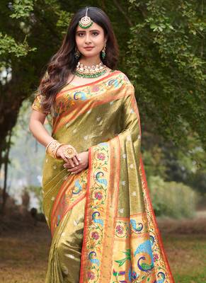 Mehendi Woven Paithani Silk Blend Saree With Blouse 2