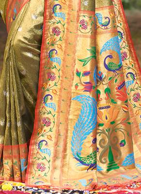 Mehendi Woven Paithani Silk Blend Saree With Blouse 3