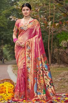 Pink woven paithani silk saree with blouse