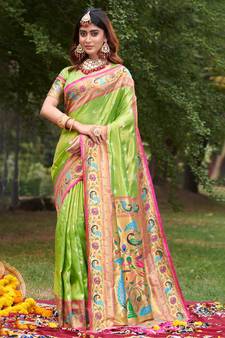 Parrot Green Woven Paithani Silk Blend Saree With Blouse