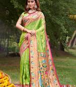 Parrot Green Woven Paithani Silk Blend Saree With Blouse