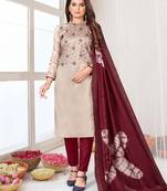 Cream Designer Embroidery Work,Printed Zara Silk unstitched Long Length Kameez Pant Designer Salwar Kameez