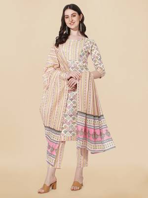 Off White, Pink Printed Embroidery Cotton Kurta With Pant and Dupatta Set 1