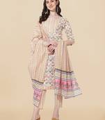 Off White, Pink Printed Embroidery Cotton Kurta With Pant and Dupatta Set