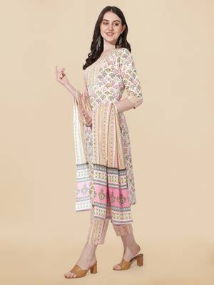 Off White, Pink Printed Embroidery Cotton Kurta With Pant and Dupatta Set 2