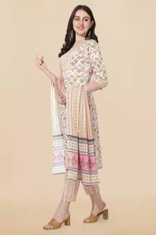 Off White, Pink Printed Embroidery Cotton Kurta With Pant and Dupatta Set