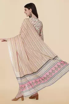 Off White, Pink Printed Embroidery Cotton Kurta With Pant and Dupatta Set